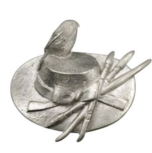 Marjolein Bastin Pewter Artist Hat Brooch with Bird and Brushes- Vintage
